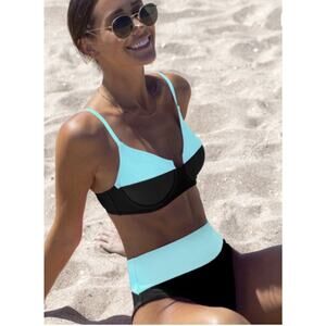 NWT Popvil Two Piece Retro High Waisted Swim Suit Black And Aqua Size Small